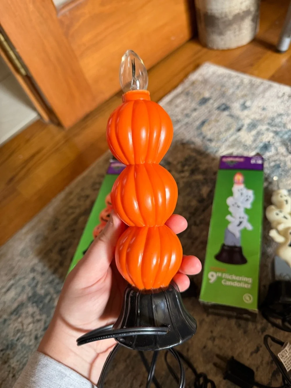 2 Vtg Blow Mold Electric Halloween Candlesticks Pumpkins & Ghosts